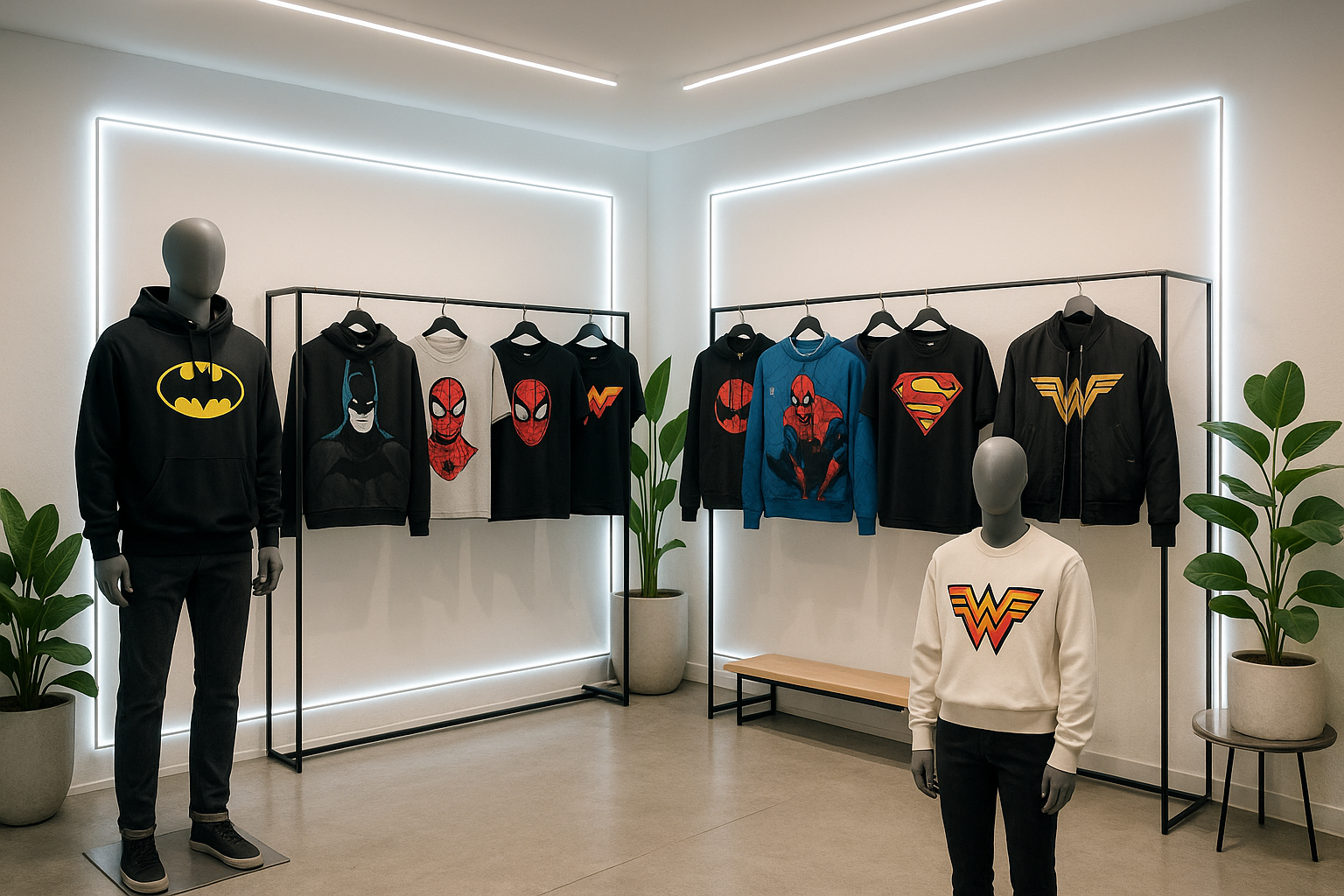 clothing store with aesthetic and trendy outfits with superheros prints